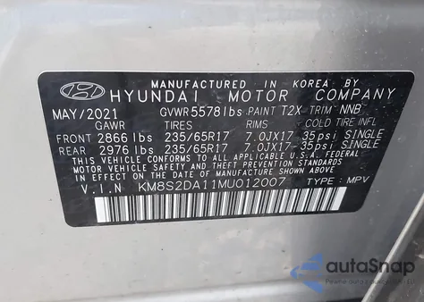 2021 Hyundai Santa Fe Hybrid Blue z USA, uszkodzony, nr VIN KM8S2DA11MU012007